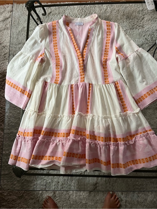 Marabu world Dresses & Skirts - Marabu Women’s Pink & White Tiered Cotton Dress with Orange Trim